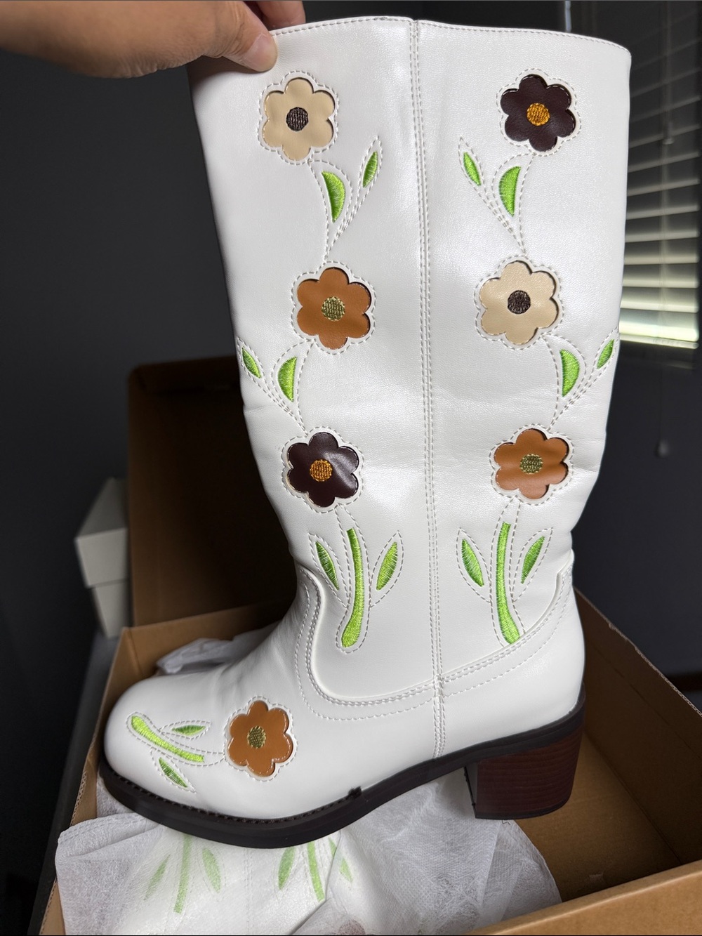 NWT-Knee High Riding Boots with Flowers Square Toe Chunky Heel Motorcycle Boots - Picture 10 of 11